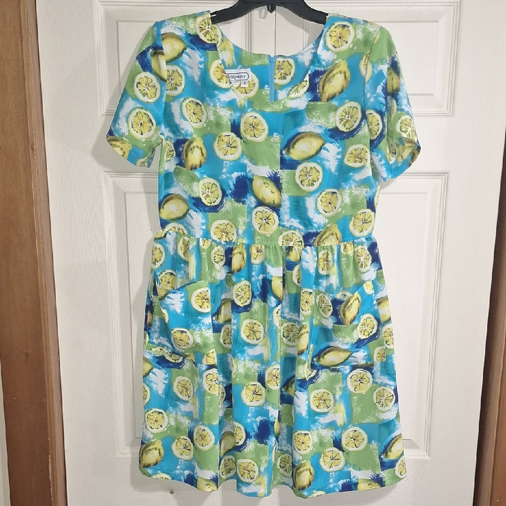 Vintage Bridgewater Lemon Print Mini Dress - Blue and Green Lightweight - 12